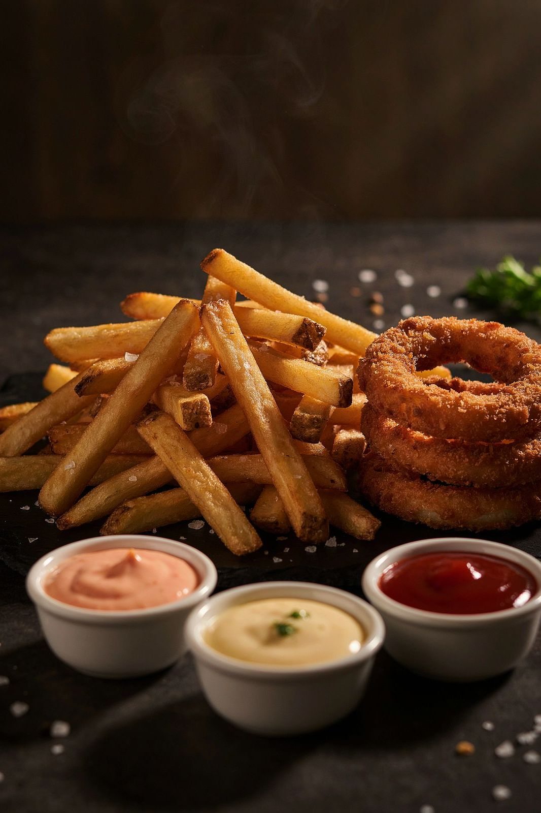 Batata frita com molhos servida em porção